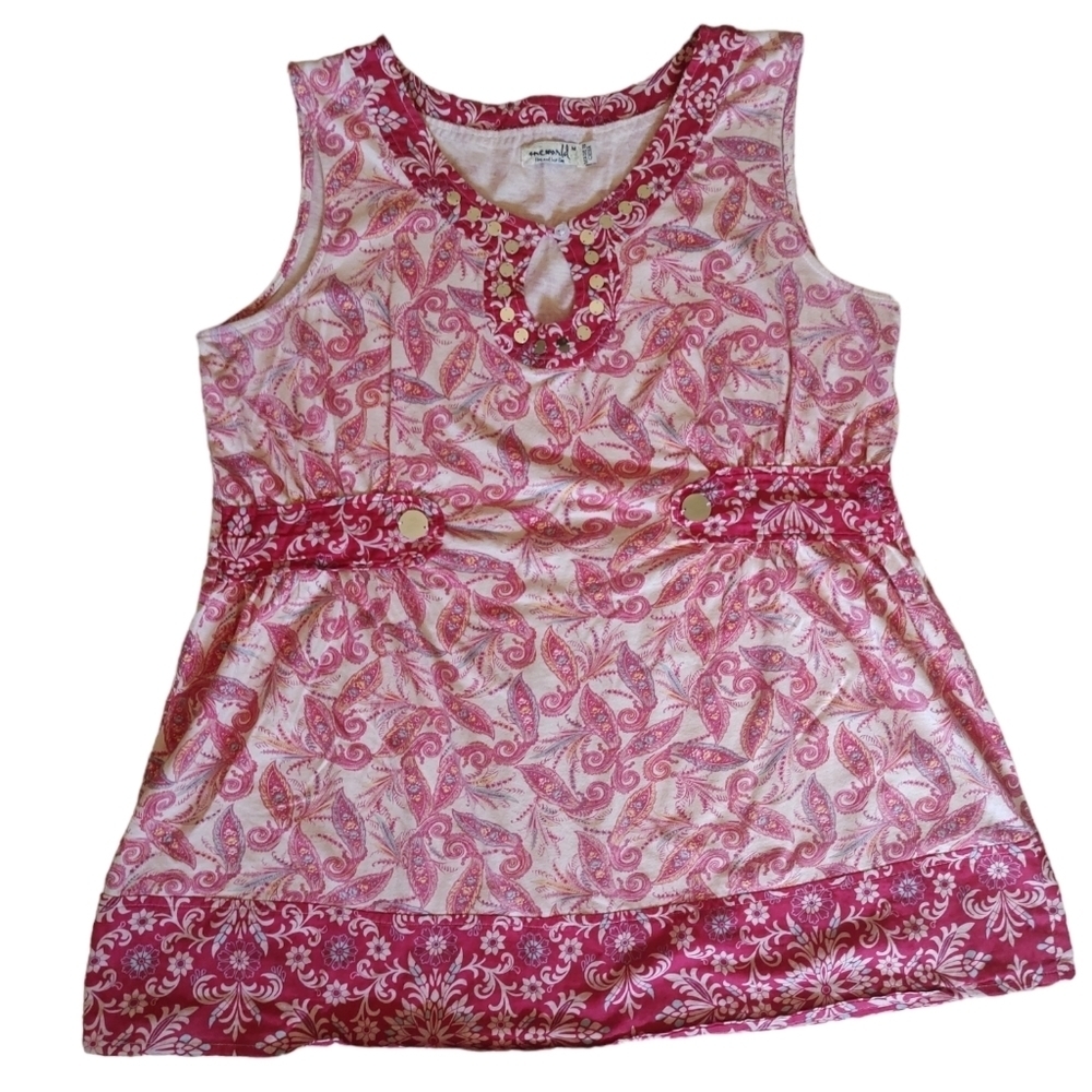 One World Ladies Sleeveless Top with Pink Floral/Paisley Design Sz.M